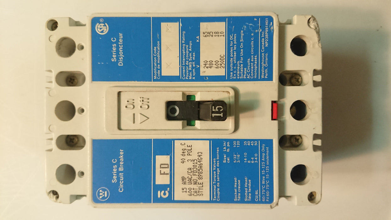 3P 15A 600V Circuit Breaker Series "C" - Cutler Hammer - (FD 3015)