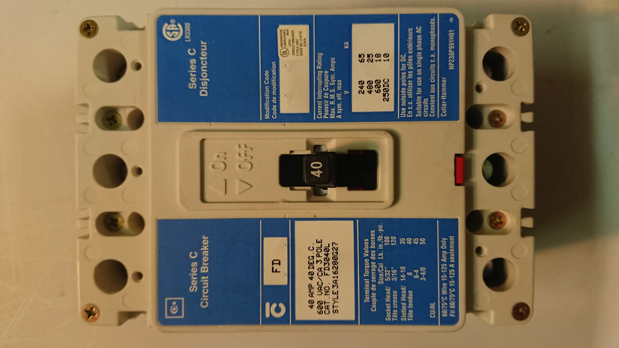 3P 40A 600V Circuit Breaker Series "C" - Cutler Hammer - (FD 3040L)