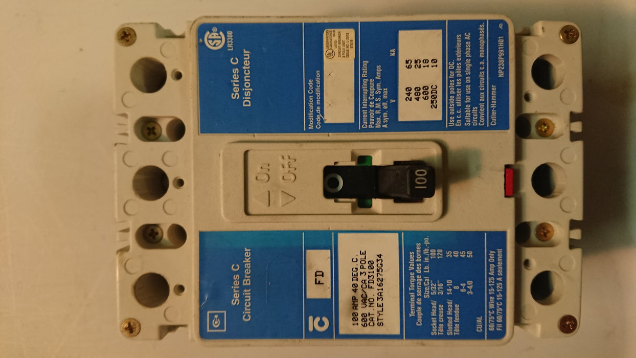 3P 100A 600V Circuit Breaker Series "C" - Cutler Hammer - (FD3100)